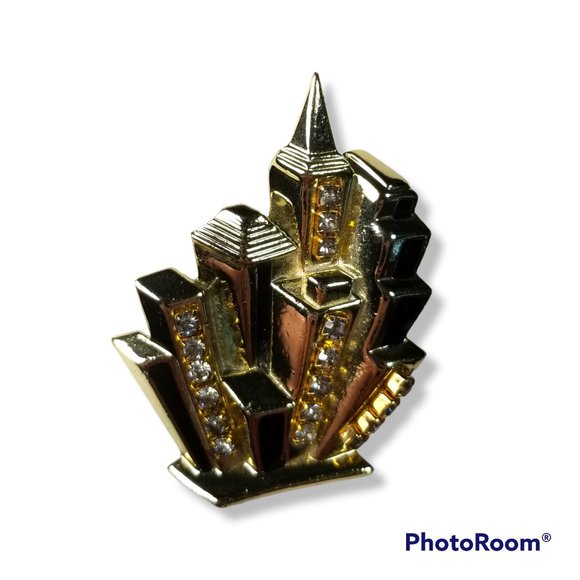 AJC Vintage City Scape Building Brooch Pin Enamel and Rhinestone RARE - Picture 6 of 13